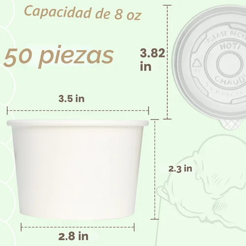 Vista 2 de ESSENTIAL Tazas de helado de papel con tapas, 50 piezas de 8 onzas, cuencos desechables de postre con tapas para alimentos calientes o fríos