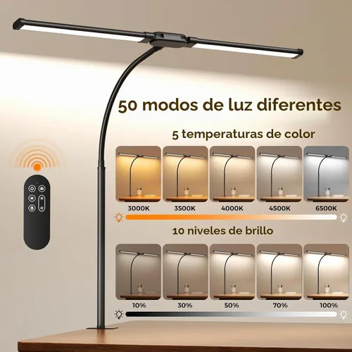 Vista 3 de SKYLEO Lámpara LED de escritorio con abrazadera, luz de escritorio de doble cabezal con control remoto y táctil, protección ocular, 12 W, 5 modos