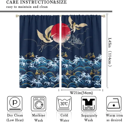 Vista 2 de Cortinas de estilo japonés, grúas onduladas, luna llena dorada, cortinas opacas para sala de estar, dormitorio, puerta Noren, azul marino, peces