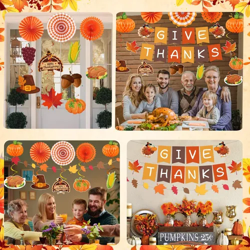 Vista 6 de 24 decoraciones de Acción de Gracias, decoraciones de fiesta de Acción de Gracias, incluye pancarta de dar gracias, guirnalda colgante de otoño