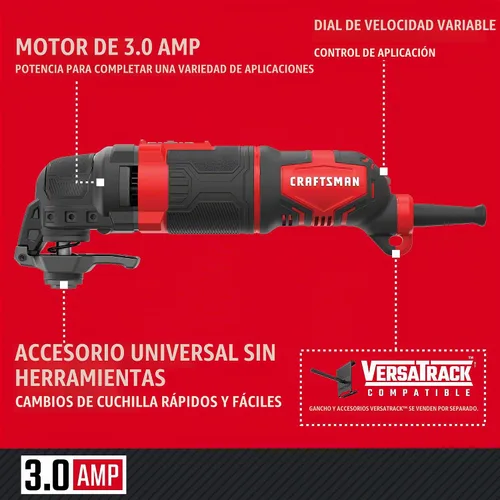 Vista 3 de CRAFTSMAN Herramienta oscilante, 3 amperios, incluye sistema universal de accesorios sin herramientas, cuchillas, papel de lija y bolsa