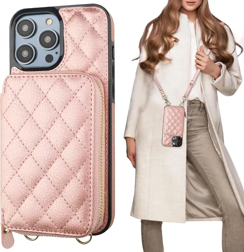 Vista 14 de Bocasal Funda tipo cartera cruzada para iPhone 14 Pro Max, con bloqueo RFID, de piel sintética, con cremallera, funda tipo cartera con función atril