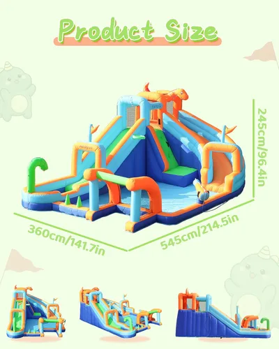 Vista 2 de AirMyFun Casa inflable de dinosaurio, tobogán acuático inflable de 2 toboganes para niños con pared de escalada, pozo de pelotas y portería