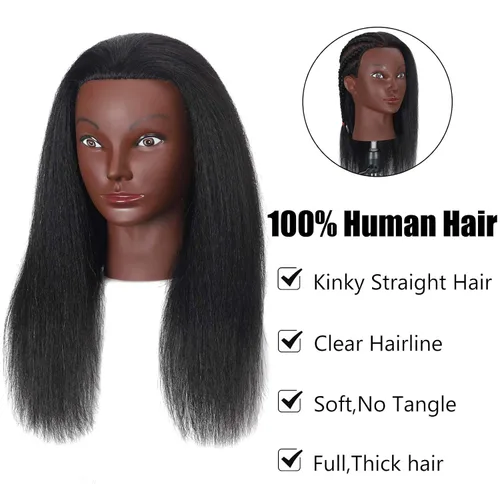 Vista 2 de Cabeza de maniquí de 16 pulgadas, 100% cabello humano, para peluquería, entrenamiento, trenzar, peinar, cosmetología, maquillaje, práctica