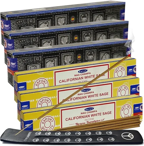 Vista 7 de Varillas de incienso de Sangre de Dragón y Palo Santo con soporte, paquete de variedad de la marca House of Nag Champa y Trumiri