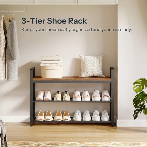 Vista 7 de HOOBRO Banco de zapatos para entrada, organizador industrial de almacenamiento de zapatos de 3 niveles con asas superiores y laterales de madera