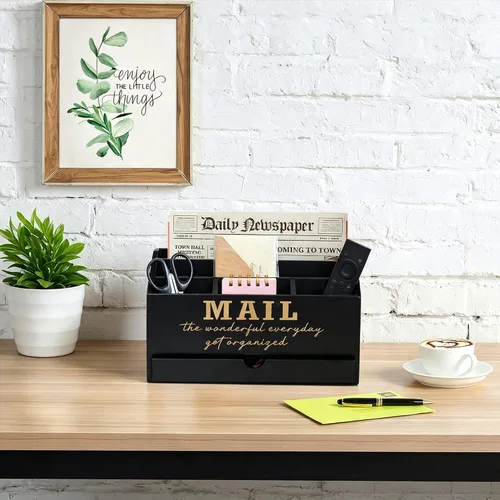 Vista 5 de EXQUIDECA Soporte rústico negro de madera para almacenamiento de correo de encimera con cajón y compartimentos - Accesorios de escritorio de oficina