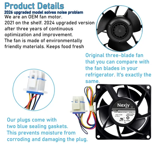 Vista 5 de Motor de ventilador evaporador de refrigerador OEM actualizado WR60X26866 2025, compatible con refrigerador GE, reemplaza V80E14MS2A3-57A611