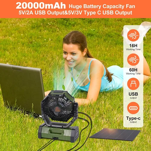 Vista 4 de Ventilador solar de campamento de 20000 mAh con panel solar de 10 W, banco de energía solar recargable para exteriores, linterna LED, ventilador