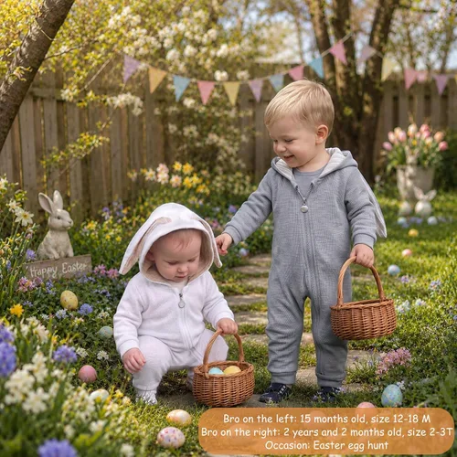 Vista 3 de Simplee Kids Enterizo con diseño de conejo de Pascua con capucha, para bebé, overol con cremallera y orejas largas A-a-gris