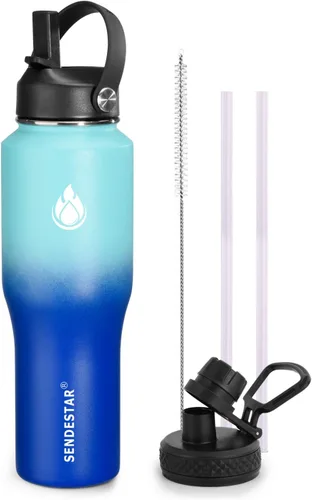 Vista 8 de SENDESTAR - Botella de agua de 0,9 L, 2 tapas (tapa con pajita), boca ancha de acero inoxidable aislada al vacío, doble pared, mantiene los líquidos