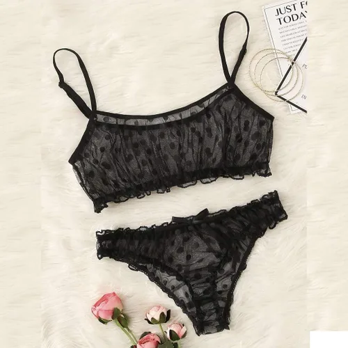 Vista 2 de Lencería sexy para mujer, con malla de puntos, con lazo, ropa interior, ropa interior, ropa interior negra, tallas S-XL