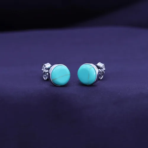 Vista 3 de AFFY Juego de bisel de botón de cúpula turquesa para mujer en oro de 14 quilates sobre plata de ley 925, aretes redondos de turquesa para mujeres