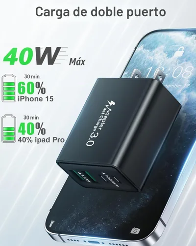 Vista 2 de Bloque de carga USB C, cargador de pared USB C de 40 W, adaptador de corriente PD de doble puerto, enchufe de pared QC USB C, bloque de carga rápida