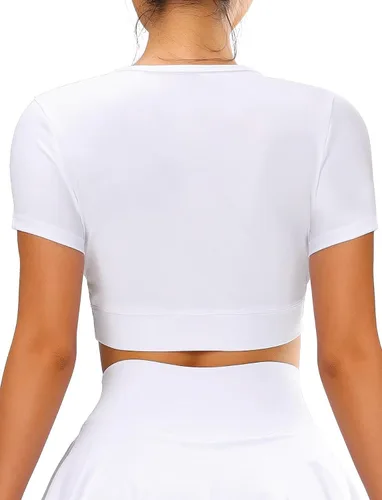 Vista 2 de TZLDN Camiseta corta de entrenamiento para mujer, sin costuras, para yoga, gimnasio, manga larga, deportiva, ajustada
