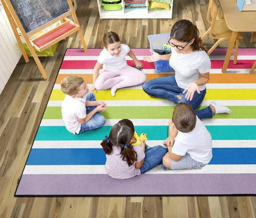 Vista 2 de Flagship Carpets Hello Sunshine - Alfombra de área para aula, diseño de rayas de arco iris brillante, para aprendizaje en interiores o dormitorio