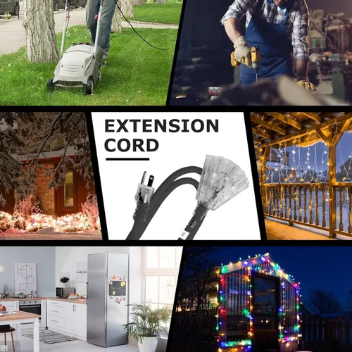 Vista 7 de YOJOE Cable de extensión de 3 salidas para interiores y exteriores con extremo iluminado, cable de alimentación de 3 clavijas 15A resistente a