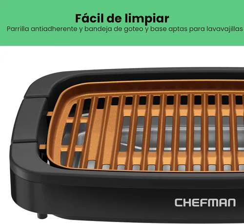 Vista 6 de Chefman Parrilla Eléctrica de Interior Sin Humo, Cobre, Extra Grande, Parrilla de Mesa Antiadherente para Asar en Interiores y BBQ con Control