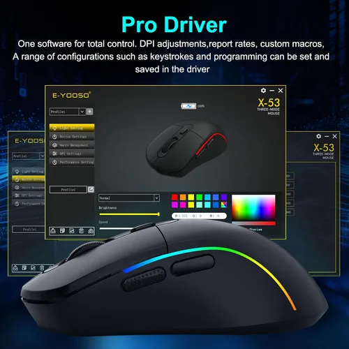 Vista 8 de E-YOOSO Mouse inalámbrico para juegos, 10,000 DPI, trimodo de 2.4 GHz/Bluetooth/USB-C con cable, retroiluminación RGB, 6 botones programables, mouse
