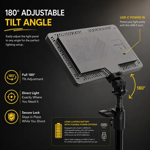 Vista 5 de Professional LED Video Light Panel, Compatible with Canon PowerShot SX400 is, 240 LEDs, USB-C Rechargeable 4000mAh Battery, Adjustable Brightness &