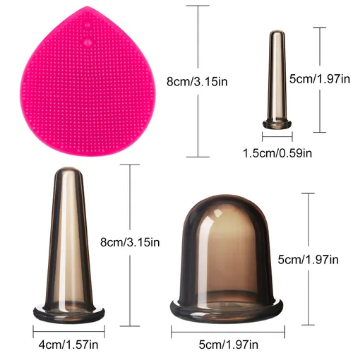 Vista 2 de BBTO Juego de ventosas faciales de silicona, kit de taza de masaje al vacío para cuerpo, cara, cuello, espalda y ojos, 6 tazas y cepillo exfoliante