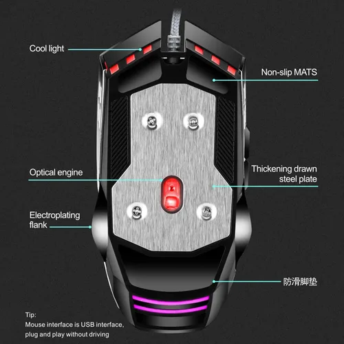 Vista 7 de Mouse para juegos con cable, USB óptico para computadora con retroiluminación RGB, 7 DPI ajustables hasta 3200, mouse ergonómico para computadora