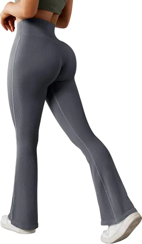 Vista 8 de MOSHENGQI Leggings acampanados acanalados para mujer, pantalones de yoga sin costuras de cintura alta