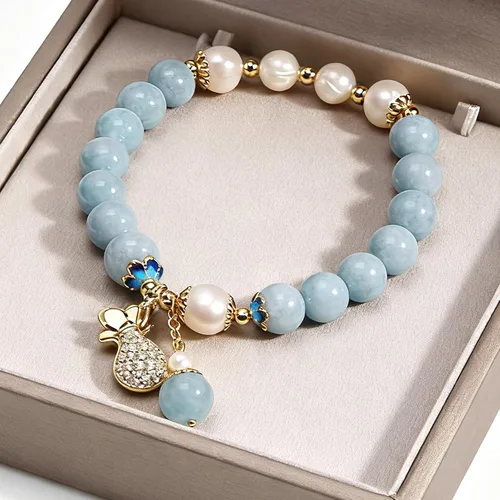 Vista 4 de RITIM Pulsera de aguamarina natural para mujer, pulsera de piedra de cristal curativo con perla, energía positiva, regalo de joyería de buena suerte