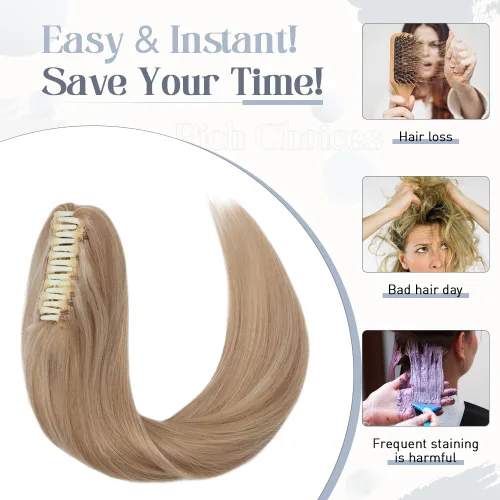 Vista 90 de Rich Choices Extensión de cola de caballo con clip de garra, cabello humano real, una pieza, extensiones de cabello largo Remy para mujer, #18P613