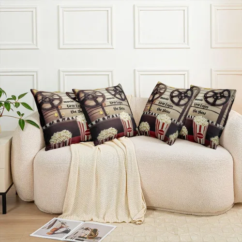 Vista 5 de Homewish Theater Cinema Poster Throw Pillow Covers (Pack of 1),Retro Movie Cushion Cover for Kids Boys Teens Popcorn Pillow Cases Movie Night Living