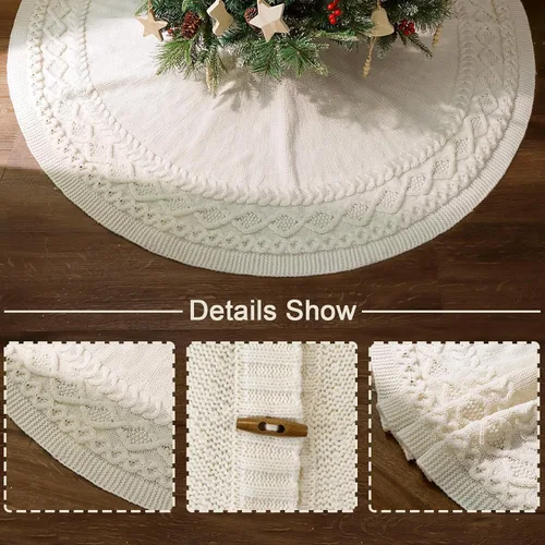 Vista 2 de Falda de árbol de Navidad de 60 pulgadas: falda de árbol grande para árbol de 9 pies, falda de árbol blanco crema de punto con borde de diamante