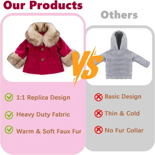 Vista 4 de Rakki Dolli American - Conjunto de ropa para muñeca de 18 pulgadas, set de moda de 5 piezas de abrigo rojo de invierno incluye abrigo cálido