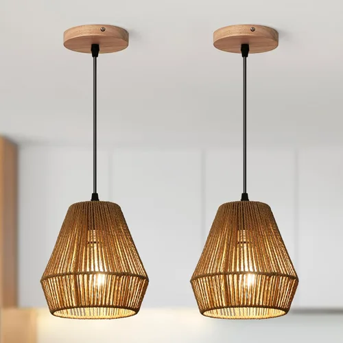 Vista 9 de Lámpara colgante de ratán tejido bohemio, 7 pulgadas, mini lámpara colgante con jaula de trabajo manual, iluminación colgante pequeña natural