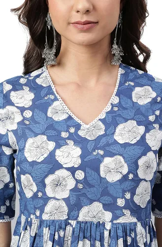 Vista 7 de Janasya Indian Women's Dark Blue Cotton Floral Print Flared Kurta