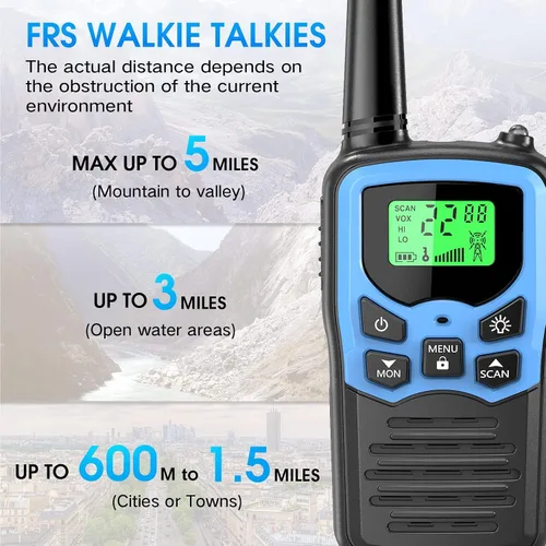 Vista 5 de MOICO Walkie Talkies de largo alcance para adultos con 22 canales FRS, Walkie Talkie familiar con linterna LED, pantalla LCD VOX para senderismo