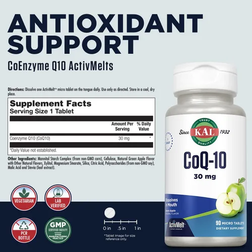 Vista 2 de KAL CoQ10 30 mg, fórmula antioxidante, suplemento CoEnzyme Q10 para la salud del corazón y apoyo de energía celular, ActivMelts de disolución