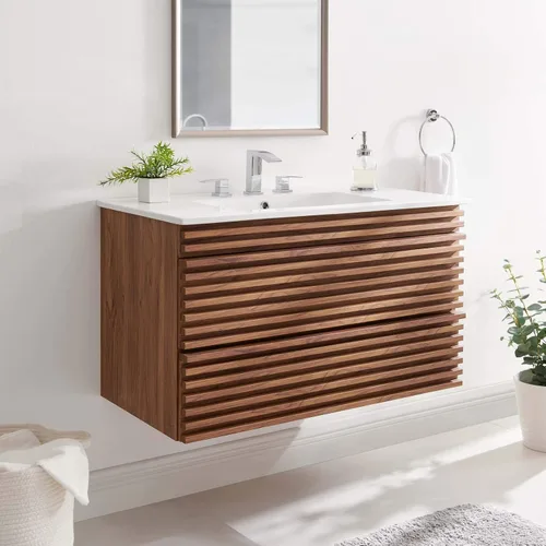 Vista 10 de Modway Render - Tocador de baño de pared de 24 pulgadas, color blanco nogal