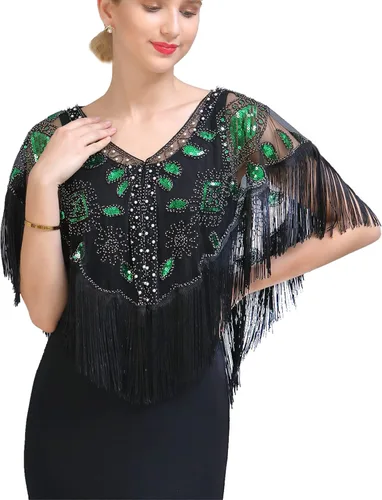 Vista 12 de Chales envolventes para mujer de los años 1920 con lentejuelas y cuentas, chales nupciales estilo flapper, capa de noche A #. Estilo 2-negro y dorado