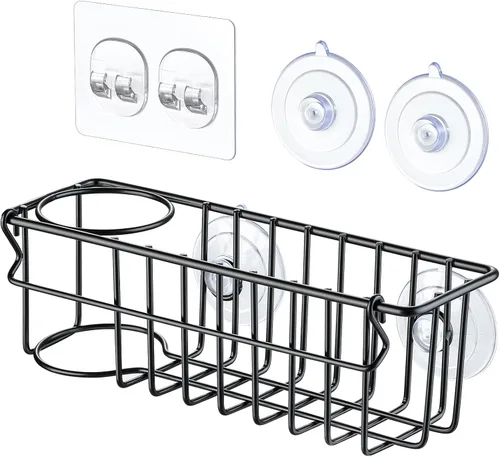 Vista 8 de Soporte de esponja 3 en 1 para fregadero de cocina, 2 opciones de suspensión (ventosas y gancho adhesivo), organizador de fregadero colgante