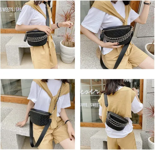 Vista 4 de BELLSPIN Riñonera cruzada para mujer, bolsa de hombro acolchada, piel vegana con correa de cadena dorada