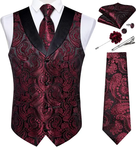 Vista 23 de DiBanGu Chaleco de traje de cachemira para hombre, chaleco jacquard de seda y corbata, chaleco formal de cuello de chal, 7 piezas para fiesta