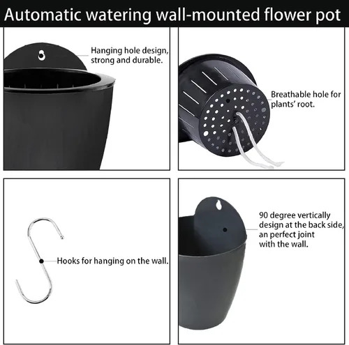 Vista 2 de Paquete de 7 macetas de plástico con riego automático para colgar en la pared, tamaño de 7 pulgadas con 7 ganchos de repuesto para plantas, flores