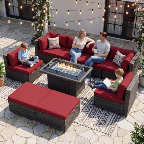 Vista 30 de NICESOUL Juego de muebles de patio de ratán extra grande con mesa para fogata de gas y propano, 29.3 pulgadas, respaldo alto, cómodos conversaciones
