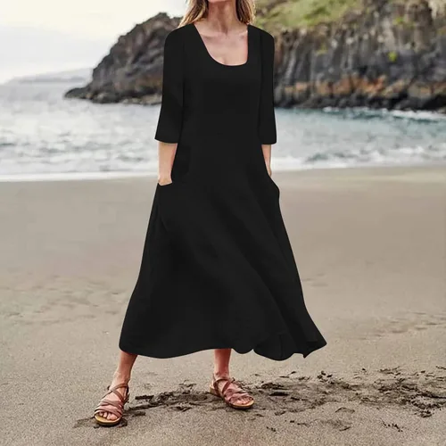 Vista 3 de Akivide Vestido largo de algodón y lino para mujer, manga 34, bohemio, liso, fluido, casual, verano, otoño, playa, vestido tipo camiseta