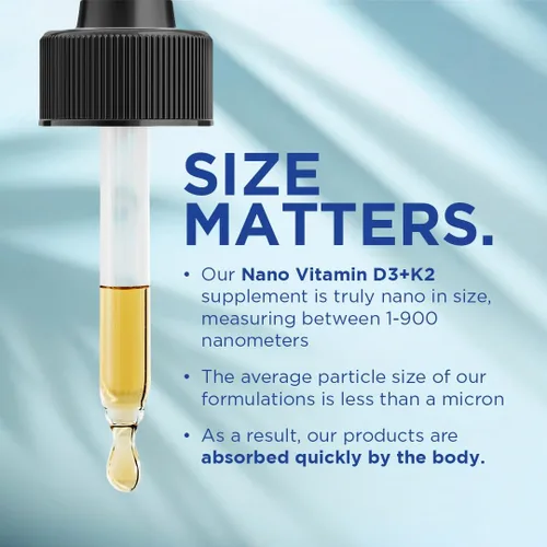 Vista 6 de Nanoceutical Solutions Nano Vitamina D3+K2 Partículas líquidas nanosizadas Absorción rápida Formulación potente de 5000 UI – 1 onza Sin OMG
