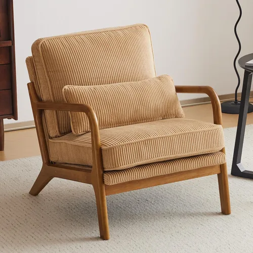 Vista 14 de VINGLI Silla de Acento de Pana Premium Mejorada, Silla con Reposabrazos Tapizada, Cómoda Silla de Lectura de Madera Maciza con Almohada Lumbar