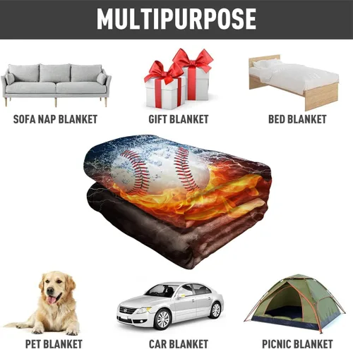 Vista 6 de YISUMEI Manta de béisbol impresa en 3D, 60 x 80 pulgadas, bola blanca chocar en agua y fuego, ideal para decoración del hogar con temática deportiva