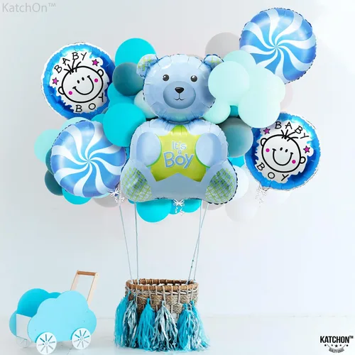 Vista 6 de KatchOn, Globos de oso de peluche para baby shower, paquete de 5, color azul, 30 pulgadas, It's A Boy, oso de peluche, decoraciones de baby shower