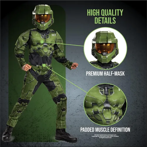 Vista 4 de Disfraz de Halo Infinite Master Chief overol con relleno acolchado musculoso para niños, inspirado en personaje de videojuegos