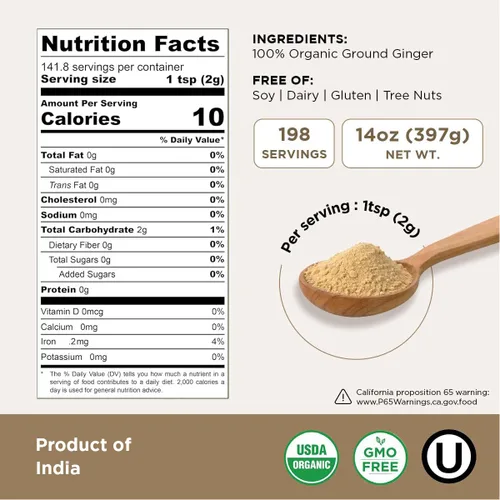 Vista 2 de HQOExpress Jengibre Orgánico Molido – Sin OMG, Kosher, polvo de jengibre orgánico certificado por USDA – Condimento aromático picante y caliente